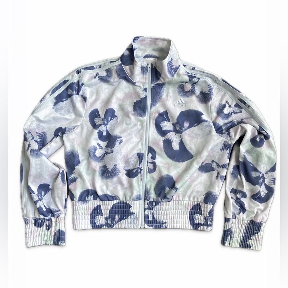 Adidas Floral Track Jacket Girls' Size L (14) Full Zip Long Sleeve Halo Blue